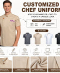 Premium Heavy Duty Cotton Blend Custom Embroidered Short Sleeve Chef Jacket For Cooks in khaki with pocket and collar design.
