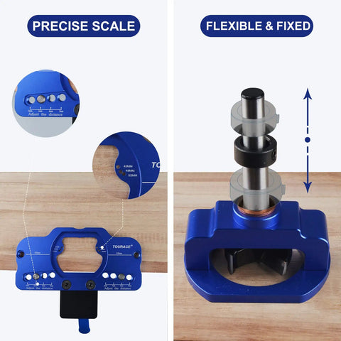 Professional Grade Concealed Hinge Jig With Secure Clamp And Adjustable Marking Scale For Accurate 35 mm Woodworking showing precise scale and flexible fixed design.
