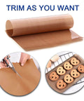 4 Pack PTFE Teflon Sheets For Heat Press, 16 X 20 Inches shown rolled, being trimmed, and used for baking cookies