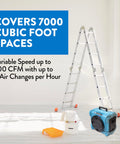 700 CFM HEPA Air Scrubber For Large Rooms With Optional Activated Carbon Filter near ladder in bright spacious room.