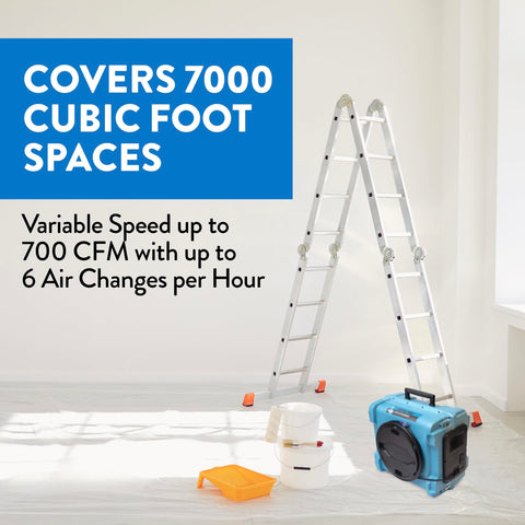 700 CFM HEPA Air Scrubber For Large Rooms With Optional Activated Carbon Filter near ladder in bright spacious room.