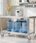 5 Inch Expanding Stem Caster Set Of 4 With Brakes For Table Legs, supporting a heavy-duty kitchen table with water jugs
