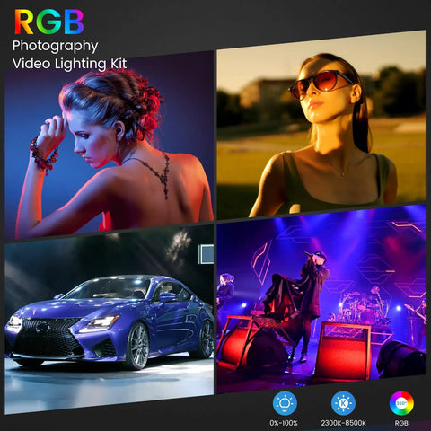 Two Pack RGB Photography Lighting Kit With 50W Bi Color LED Pro Grade Studio Lights 2300K To 8500K Dimmable showing versatility