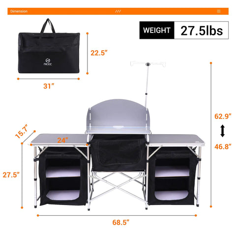 Foldable Camping Kitchen Table With Light Stand And Windshield Portable Grill Station 3 Organizers Carry Bag For Outdoor Cooking Beach BBQ Picnic Indoor Office Use, dimensions and carry bag visible