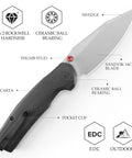 Folding Pocket Knife With A 3.34 Inch Blade And Button Liner Lock, super smooth open, Hornet Pro Upgrade, PVD coated steel, features labeled