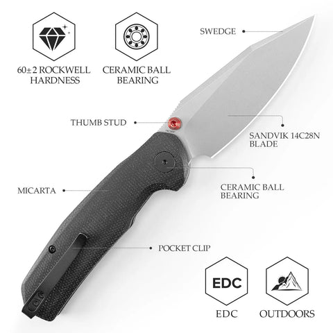 Folding Pocket Knife With A 3.34 Inch Blade And Button Liner Lock, super smooth open, Hornet Pro Upgrade, PVD coated steel, features labeled