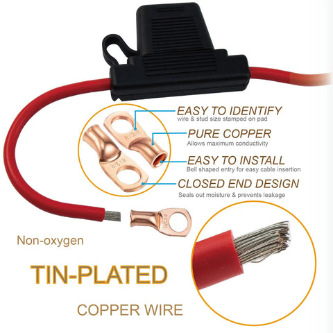 Image of Two Pack Black 8 AWG Inline Fuse Holder With Waterproof Maxi Fuse Block showing copper stud rings and red wire.
