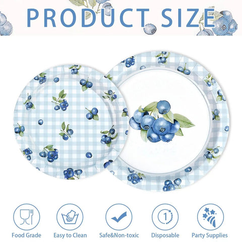 Awesome Blueberry Party Supplies 200 Piece Disposable Tableware Set serves fifty, featuring gingham dessert plates and berry napkins.