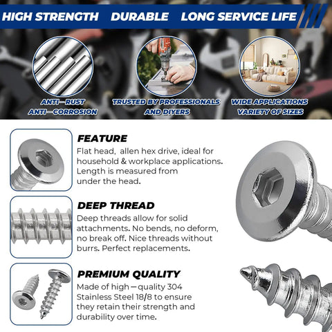 Dang Tough 100 Pack M3 X 20mm Flat Head Self Tapping Sheet Metal Screws Forged From Premium 304 Stainless Steel, showcasing deep thread design.