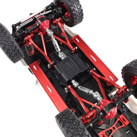 Must-Have 1/16 RC Crawler Axle Links Set To Beef Up Your Rig Damping System Build With Tough Red Linkage Parts For Rough Terrain Driving And Easy Repair Fitment! showing detailed undercarriage with red metal linkage.