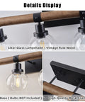 Close-up of Farmhouse Wood Vanity Light Fixture With Four Lamps Over Mirror, showcasing clear glass shades and E26 base.