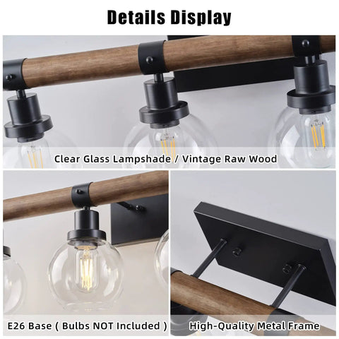 Close-up of Farmhouse Wood Vanity Light Fixture With Four Lamps Over Mirror, showcasing clear glass shades and E26 base.