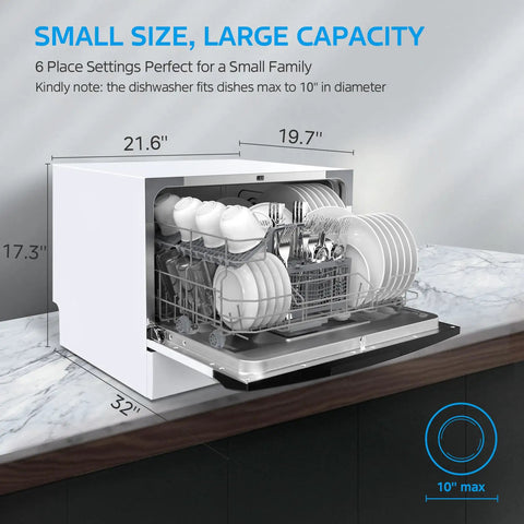 Top Shelf Countertop Dishwasher With Eight Smart Cycles And Six Place Settings Handles Busy Nights Like A Charm Energy Star Certified Portable Appliance Tailored For Dorms RVs And Apartments Crisp White with dimensions 21.6x19.7x17.3 inches.