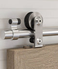 Front view of Heavy Duty Stainless Steel Top Mount Sliding Barn Door Hardware Kit for single door with 6-foot track installed