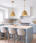 Modern kitchen with 12 Inch Modern Gold Pendant Light With Tapered Metal Shade Mid Century Empire Style Hanging Lamp in warm brass finish.