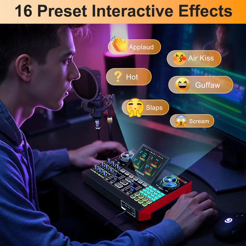 User using Podcast Setup Bundle With Microphone And Sound Card For PC And Mobile, Ideal For Streaming, Gaming, Singing And Podcasting with G10 soundboard and presets displayed