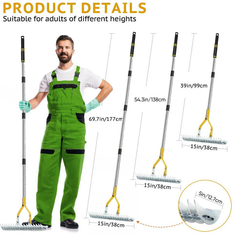 Man holding 15-Inch Steel Thatch Rake For Lawn Dethatching And Soil Loosening in black and metallic silver finish, multiple sizes shown.