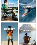 Collage of outdoor activities: fishing, surfing, workout, hiking; Men's Long Sleeve UV Protection Baselayer Shirt For Running And Hiking.