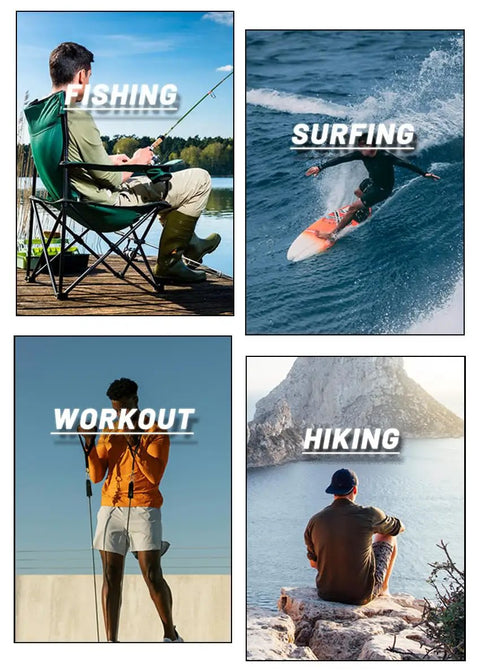 Collage of outdoor activities: fishing, surfing, workout, hiking; Men's Long Sleeve UV Protection Baselayer Shirt For Running And Hiking.