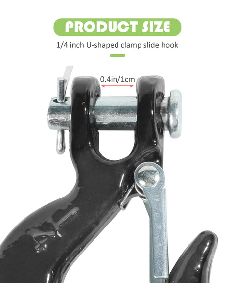 Close-up of 1/4 inch U-shaped clamp slide hook with safety latch, Beefed Up Heavy Duty Winch Hook With Safety Latch, Forged Steel Clevis Slip Hook For ATV UTV, Fits One Quarter Inch Synthetic Winch Rope, Rust Resistant Towing Hook, Durable High Carbon Steel Construction.