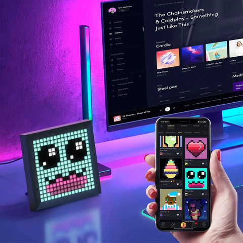 LED Pixel Display Panel For RGB Light Bars With Smart App Control on desk with pixel art and smartphone app interface