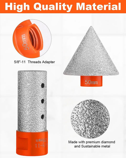 AOKLIT 3-piece diamond beveling chamfer bit set with 5/8-11 adapter; includes 1-inch drill bit for tile.