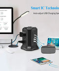 Power Strip Tower Surge Protector With Nine AC Outlets And Four USB Ports 900 Joules Long Ten Foot Flat Plug in desktop setup.