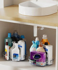 4 Pack Lazy Susan Organizer Set with bottles under sink, showcasing two 12 inch high edge turntables for easy reach storage
