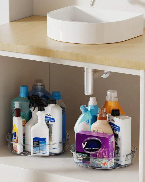 4 Pack Lazy Susan Organizer Set with bottles under sink, showcasing two 12 inch high edge turntables for easy reach storage