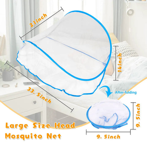 Foldable Pop Up Mosquito Net Tent For Camping And Travel, lightweight 3 oz head netting shown open and folded, size 33x22 inch.