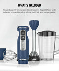 Rock Solid 9 Inch Stainless Steel Immersion Hand Blender And Rapid Whisk Set With 4 Variable Speeds and built-in pan guard, included accessories.