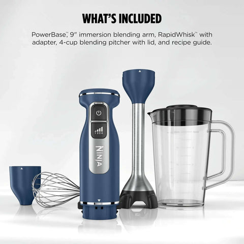 Rock Solid 9 Inch Stainless Steel Immersion Hand Blender And Rapid Whisk Set With 4 Variable Speeds and built-in pan guard, included accessories.