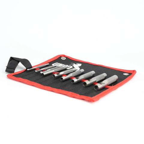 Leather Hole Punch Set 2.5mm to 10mm, 9 Pcs Hollow Punch Tools in Carbon Steel with Storage Bag displayed open on white background