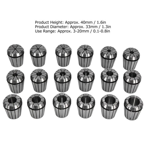 18 Piece Spring Collet Set 3 To 20 mm Carbon Steel CNC Milling Chuck Lathe Accessories in rows, detailed view