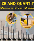 300 Piece Drywall And Wood Screws Assortment Kit With Flat Head Coarse Thread Phillips Drive Black Finish DIY Friendly Eight Sizes From Two Inch To One Half Inch shown with screws and usage examples