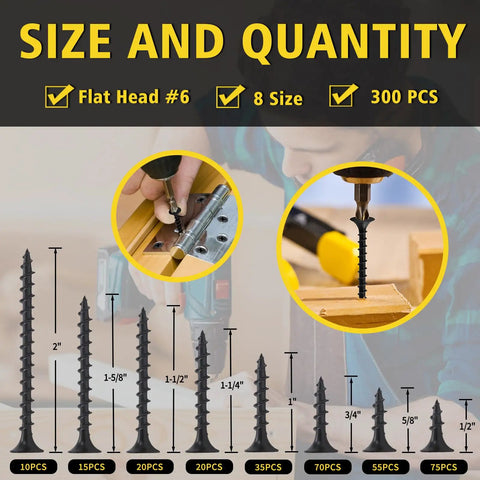 300 Piece Drywall And Wood Screws Assortment Kit With Flat Head Coarse Thread Phillips Drive Black Finish DIY Friendly Eight Sizes From Two Inch To One Half Inch shown with screws and usage examples
