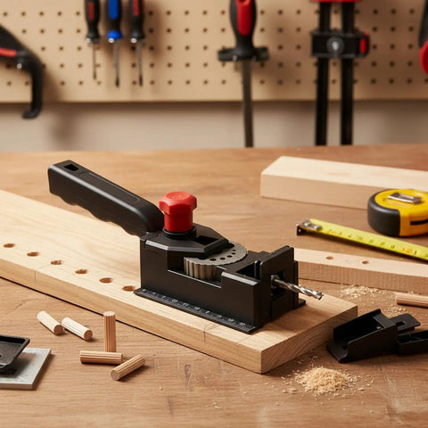 Rock Solid Woodworking Drill Guide Jig For Dead On Accurate Dowel Holes on workbench with marked alignment slots and drill bit.