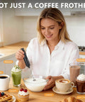 Woman using Rechargeable Handheld Milk Frother With Stand 3 Speeds And 3 Detachable Stainless Steel Whisks Electric Drink Mixer