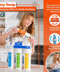 Woman demonstrating installation of One Year Reverse Osmosis Filter Kit With Eleven Filters And 100 GPD Membrane in a kitchen setting.