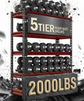Five Tier Heavy Duty Metal Shelving Rack Featuring Fully Adjustable Levels Seventy Two Inches High By Thirty Six Inches Wide Hauls Up To Two Thousand Pounds for weights.