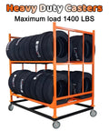 5 Inch Stem Locking Caster Wheels Set Of 4 For Wire Shelving Racks Heavy Duty With Brakes Non Marking Thermoplastic Rubber Wheels Each Caster Supports 350 Lb And Total Up To 1400 Lb as displayed on an orange tire rack