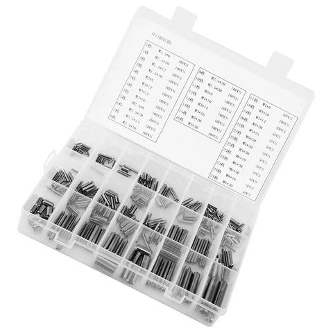 Heavy Duty Stainless Steel Spring Pins 280 Pack Set Sure Grip Tension Fasteners in organized clear storage case.