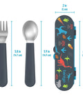 Kids Stainless Steel Utensil Set With Fork And Spoon, Reusable PFAS Free BPA Free Case, Dinosaur Theme designs visible on case.