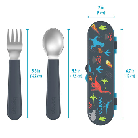 Kids Stainless Steel Utensil Set With Fork And Spoon, Reusable PFAS Free BPA Free Case, Dinosaur Theme designs visible on case.