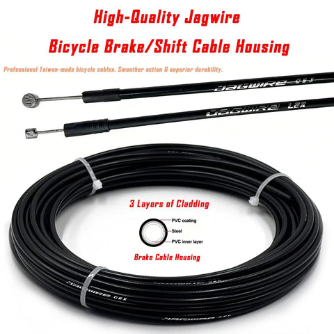 Bicycle Brake And Shift Cable Housing Kit With 50ft Total Length Two 25ft Rolls Of 4mm And 5mm Housing Includes 80 End Caps No Brainer Install Great Upgrade For Road Or Mountain Bikes Made In Taiwan, showing layers and cables.