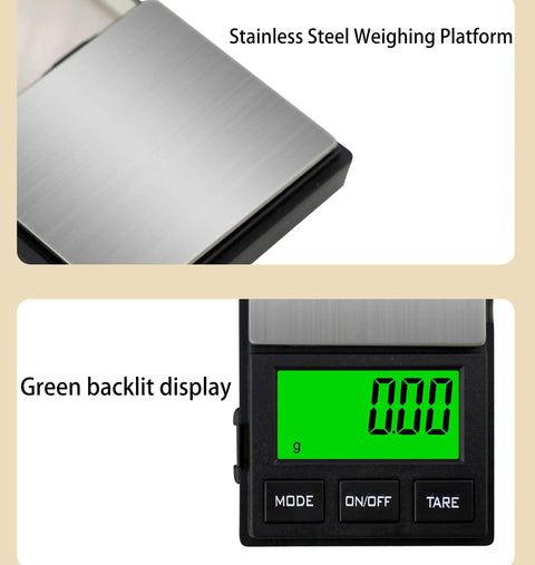 Stainless steel platform and green backlit LCD display of Pocket Digital Scale With 0.01g Precision And 1000g Capacity Backlit LCD For Jewelry.