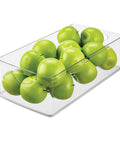 No Sweat Big League Heavy Duty Clear Stackable Extra Long Plastic Storage Bin filled with green apples for kitchen organization.