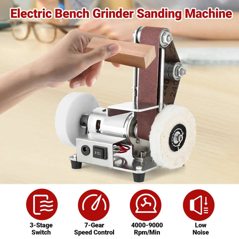 Rock Solid 7 Speed Mini Belt Sander Featuring Ultra Quiet Performance And 20 Tough Sanding Belts For Precision Woodworking being used on wood.