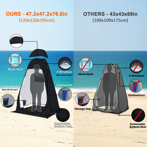 Comparison of Pop Up Privacy Shower Tent for Camping And Beach with 195cm height vs smaller 175cm tent, both on a beach