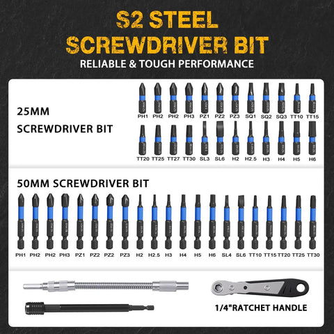 All In One 86 Piece Magnetic Impact Nut Driver Set with Socket Adapters showing S2 steel screwdriver bits and ratchet handle